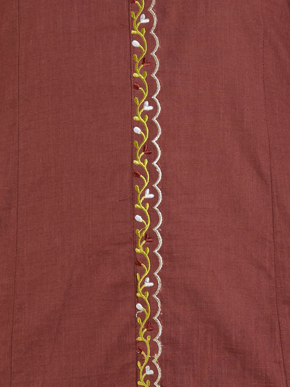 Solid Floral Embroidered A-Line Panelled Kurta with Pant & Printed Dupatta - Brown