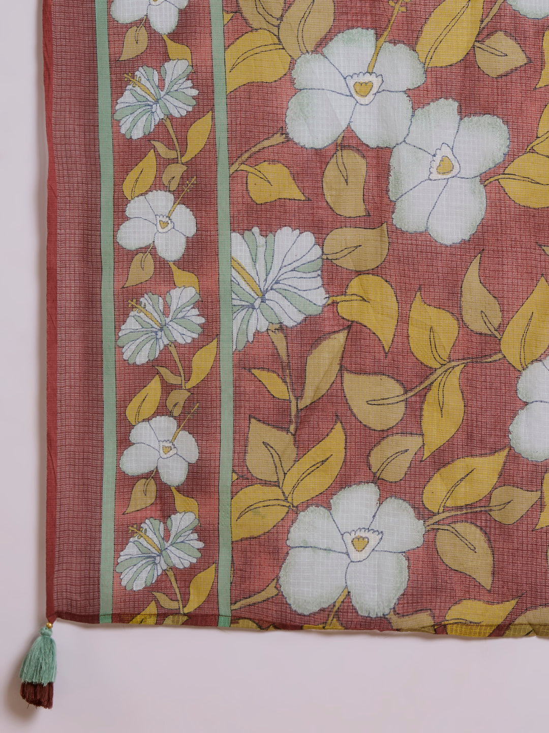 Solid Floral Embroidered A-Line Panelled Kurta with Pant & Printed Dupatta - Brown
