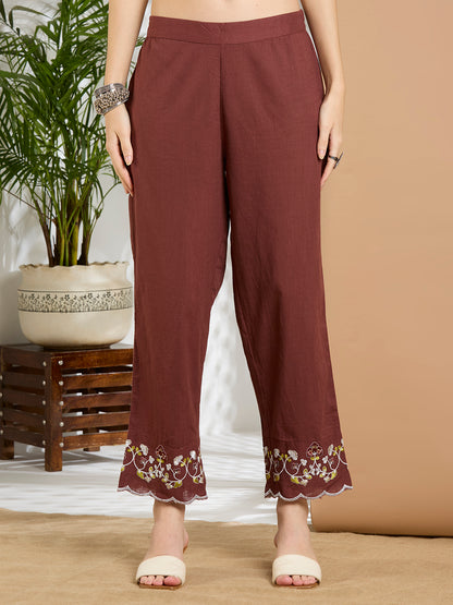 Solid Floral Embroidered A-Line Panelled Kurta with Pant & Printed Dupatta - Brown