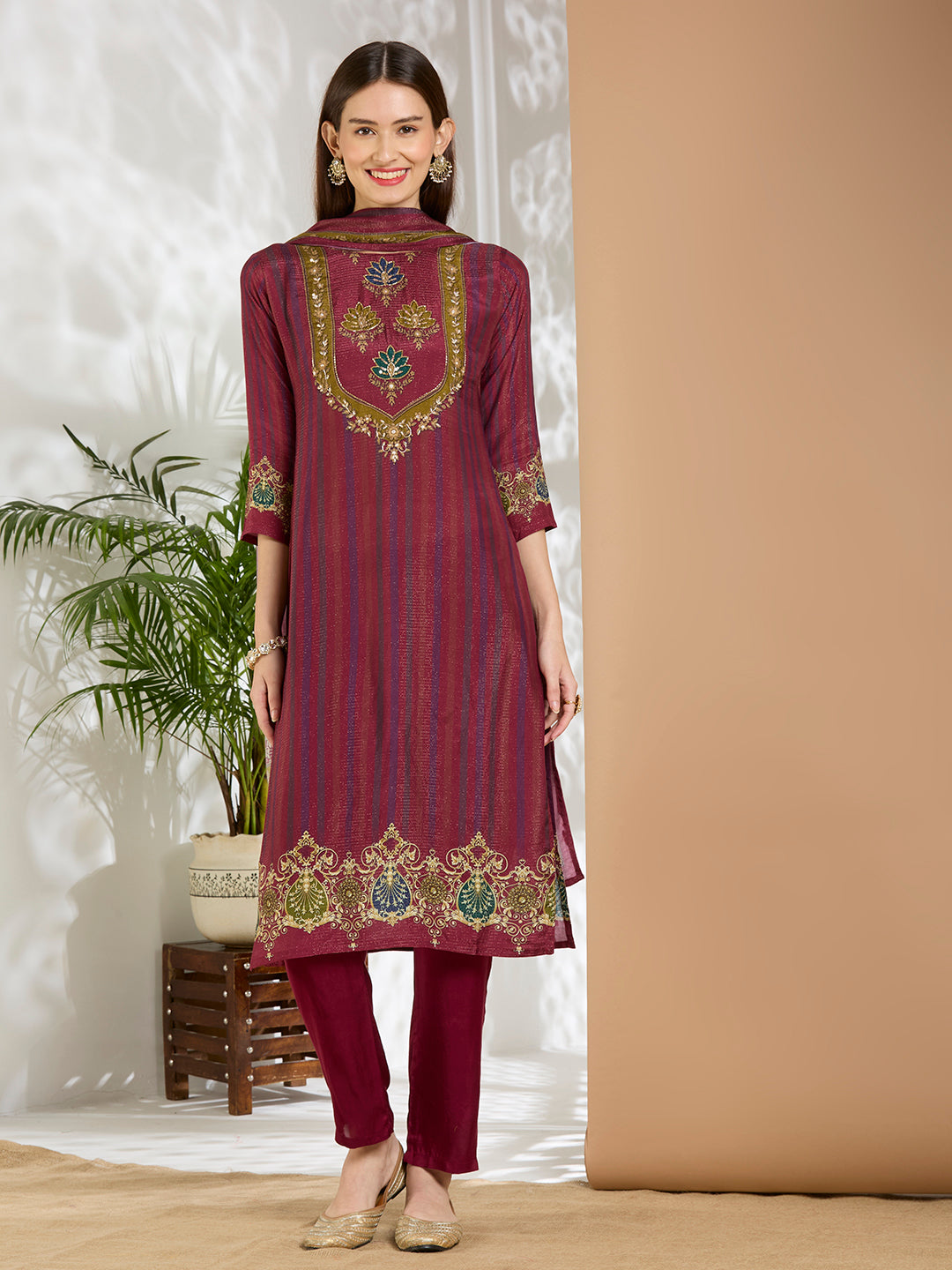 Ethnic Floral Printed & Embroidered Straight Fit Kurta with Pant and Dupatta - Burgundy