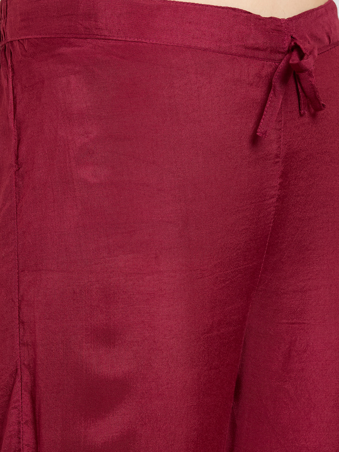 Ethnic Floral Printed & Embroidered Straight Fit Kurta with Pant and Dupatta - Burgundy
