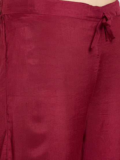 Ethnic Floral Printed & Embroidered Straight Fit Kurta with Pant and Dupatta - Burgundy