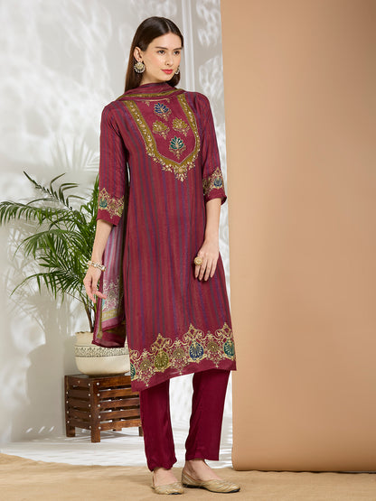 Ethnic Floral Printed & Embroidered Straight Fit Kurta with Pant and Dupatta - Burgundy
