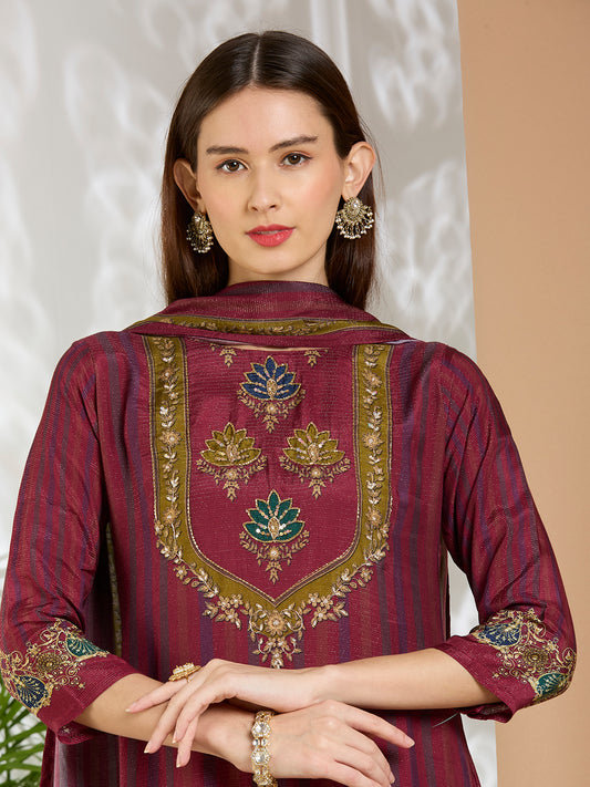Ethnic Floral Printed & Embroidered Straight Fit Kurta with Pant and Dupatta - Burgundy