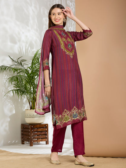 Ethnic Floral Printed & Embroidered Straight Fit Kurta with Pant and Dupatta - Burgundy