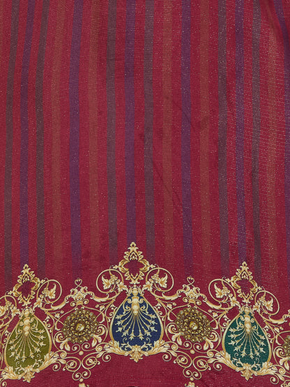 Ethnic Floral Printed & Embroidered Straight Fit Kurta with Pant and Dupatta - Burgundy