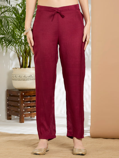 Ethnic Floral Printed & Embroidered Straight Fit Kurta with Pant and Dupatta - Burgundy