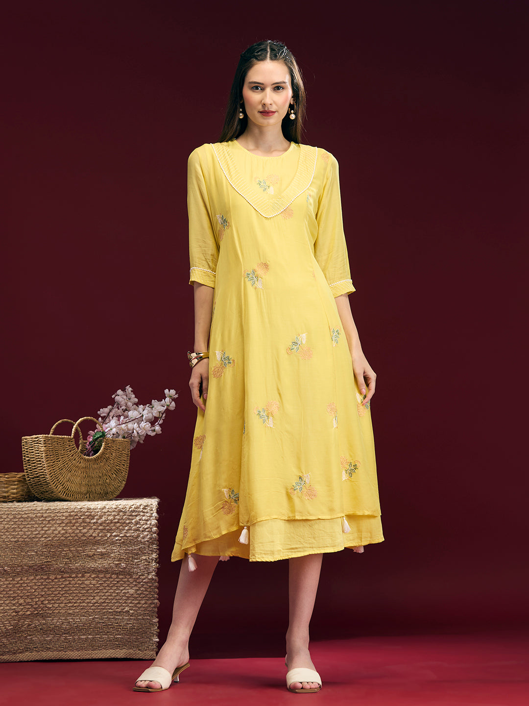 Solid Floral Embroidered A-Line Midi Dress with Kurta - Yellow