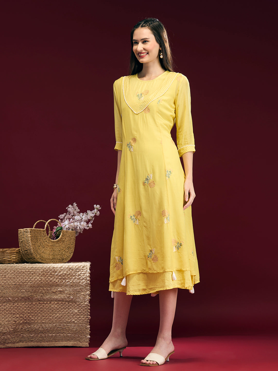 Solid Floral Embroidered A-Line Midi Dress with Kurta - Yellow