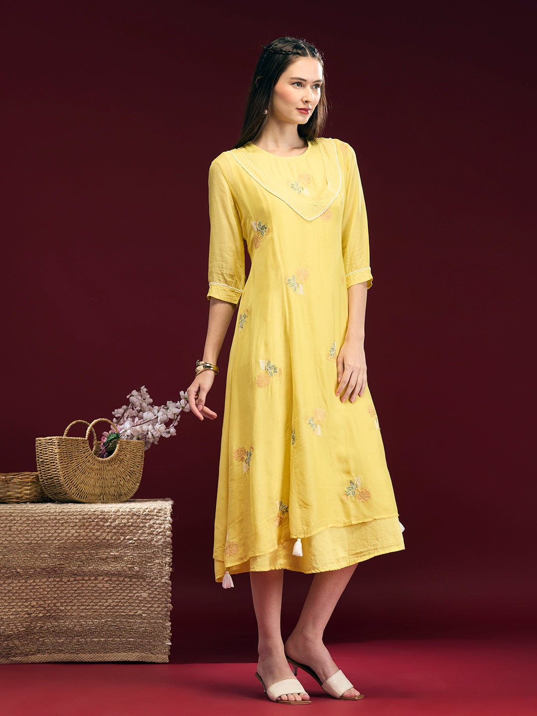 Solid Floral Embroidered A-Line Midi Dress with Kurta - Yellow