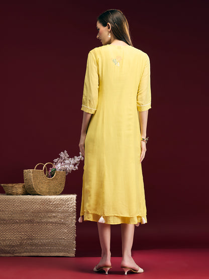 Solid Floral Embroidered A-Line Midi Dress with Kurta - Yellow