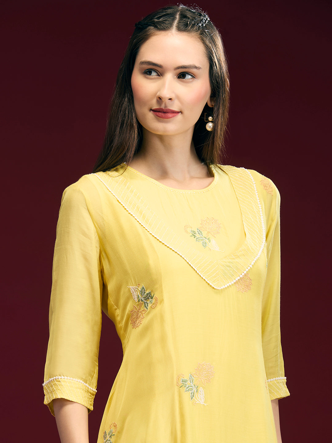 Solid Floral Embroidered A-Line Midi Dress with Kurta - Yellow