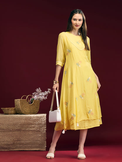 Solid Floral Embroidered A-Line Midi Dress with Kurta - Yellow