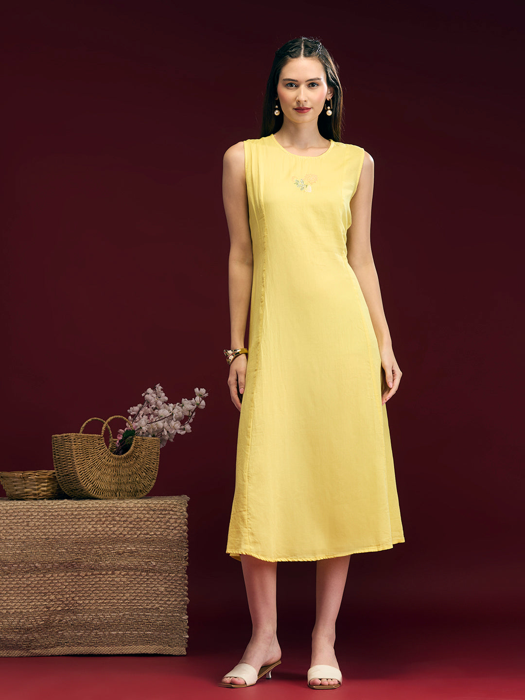 Solid Floral Embroidered A-Line Midi Dress with Kurta - Yellow