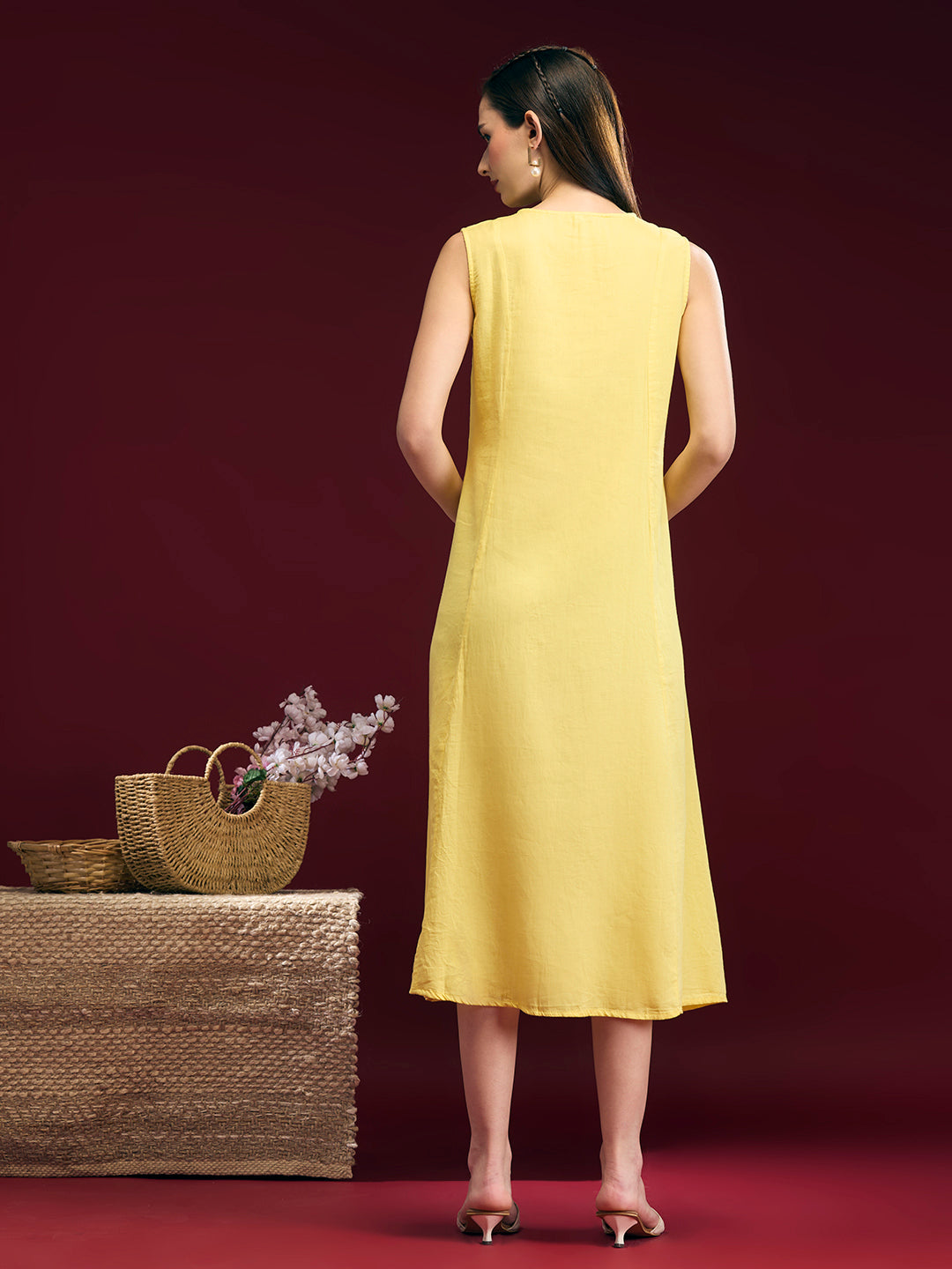 Solid Floral Embroidered A-Line Midi Dress with Kurta - Yellow