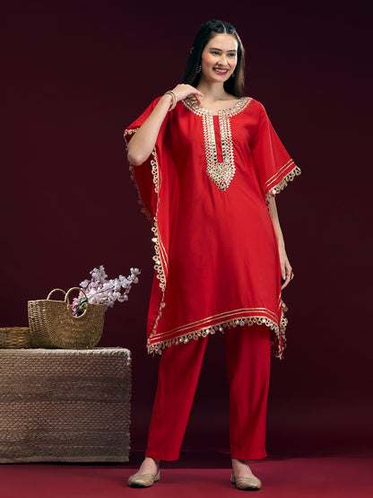Festive Ethnic Mirror Embroidered Kaftan Kurta with Pant - Red