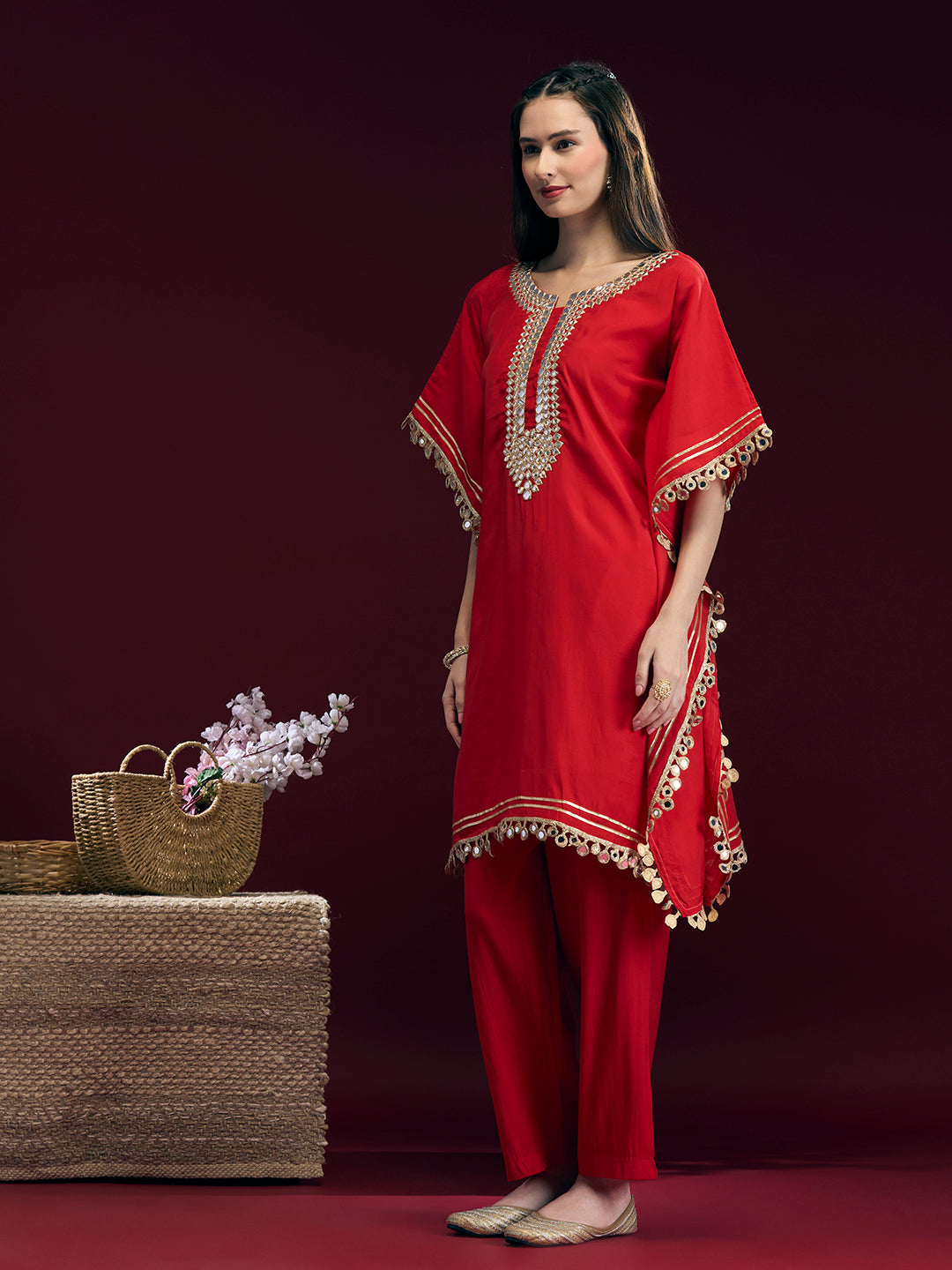 Festive Ethnic Mirror Embroidered Kaftan Kurta with Pant - Red
