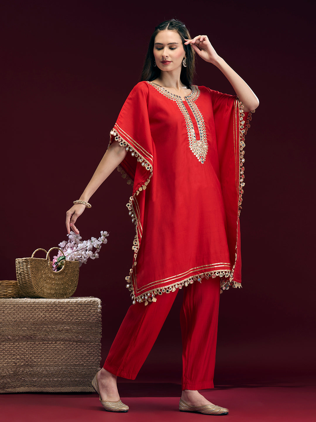Festive Ethnic Mirror Embroidered Kaftan Kurta with Pant - Red