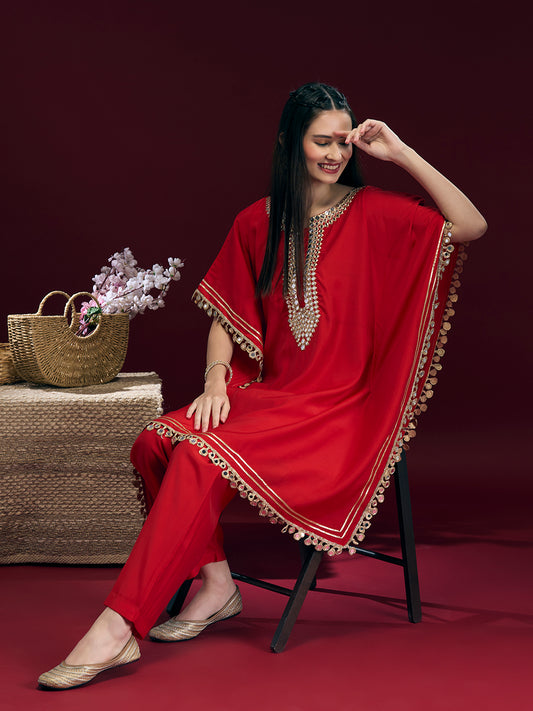 Festive Ethnic Mirror Embroidered Kaftan Kurta with Pant - Red