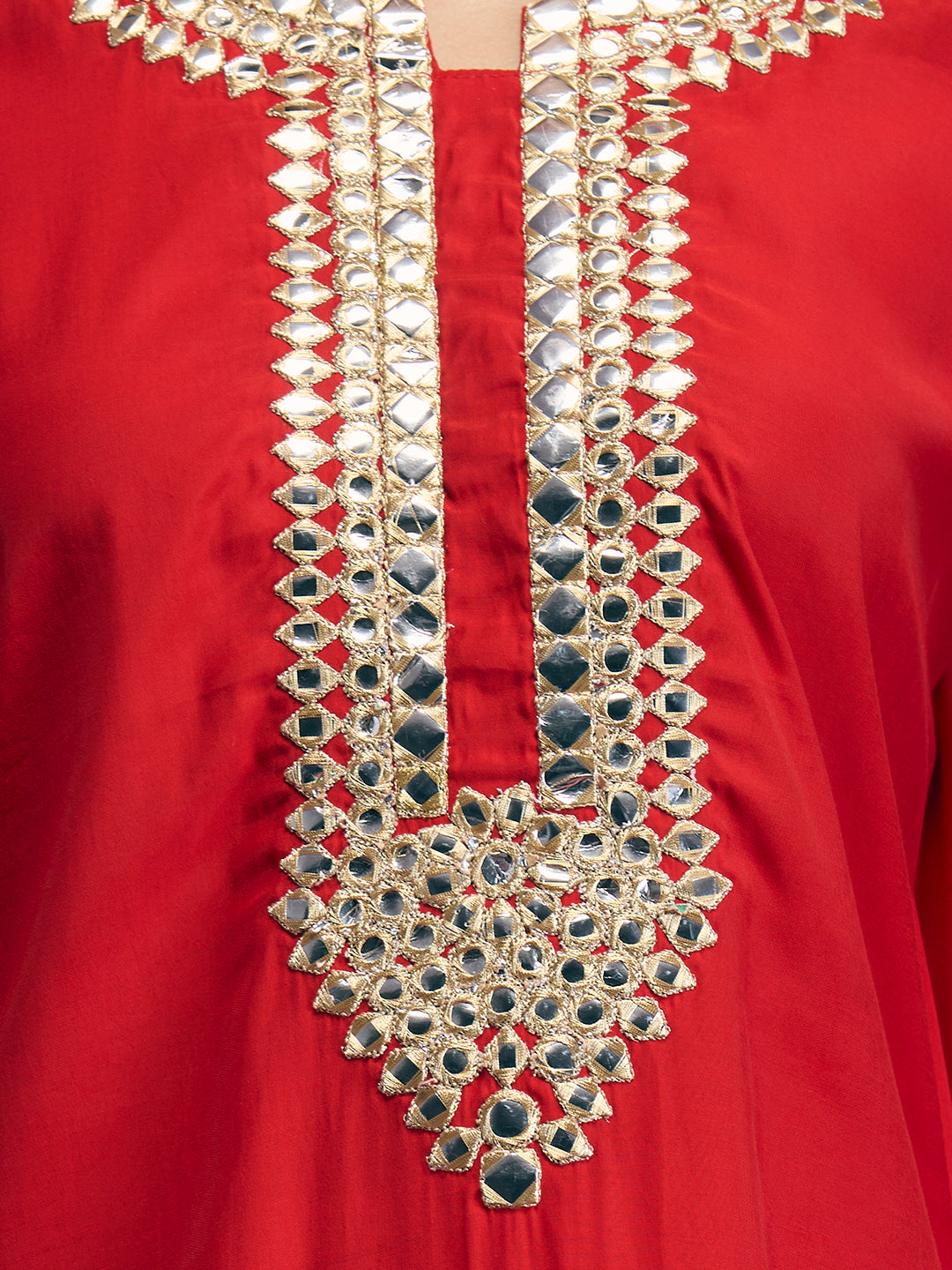 Festive Ethnic Mirror Embroidered Kaftan Kurta with Pant - Red