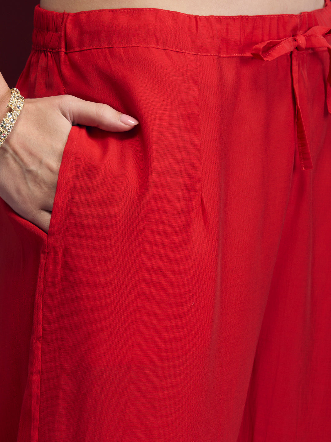 Festive Ethnic Mirror Embroidered Kaftan Kurta with Pant - Red