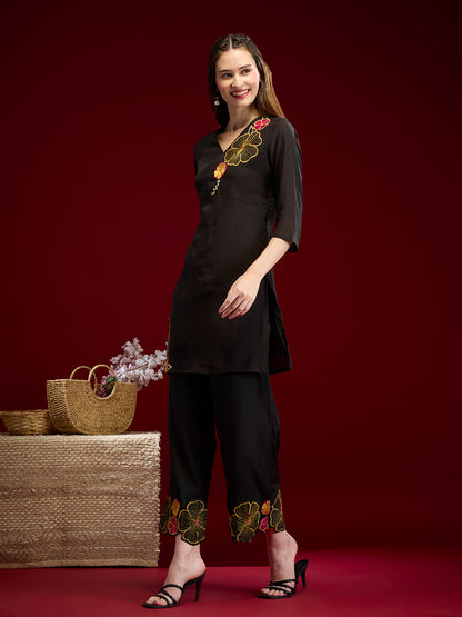 Solid Abstract Floral Embroidered Straight Fit Co-ord Set - Black