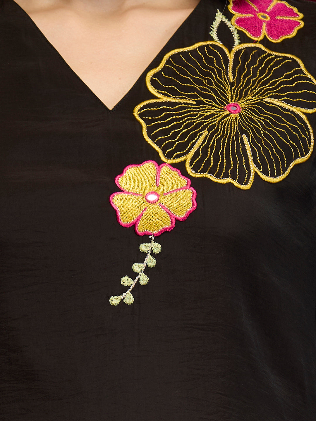 Solid Abstract Floral Embroidered Straight Fit Co-ord Set - Black