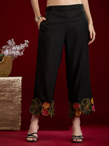 Solid Abstract Floral Embroidered Straight Fit Co-ord Set - Black