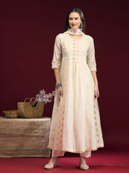 Solid Floral Embroidered Anarkali Kurta with Palazzo & Hand Painted Dupatta - Off White