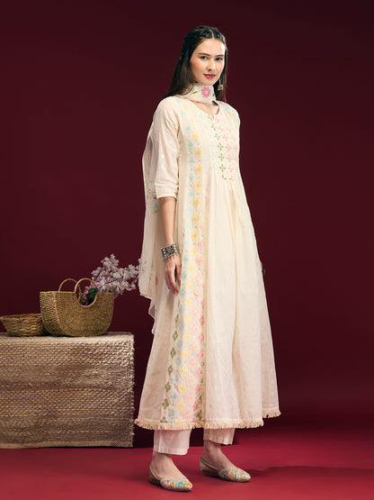 Solid Floral Embroidered Anarkali Kurta with Palazzo & Hand Painted Dupatta - Off White