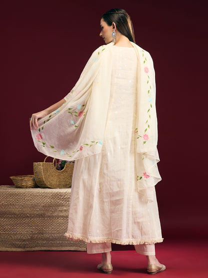 Solid Floral Embroidered Anarkali Kurta with Palazzo & Hand Painted Dupatta - Off White