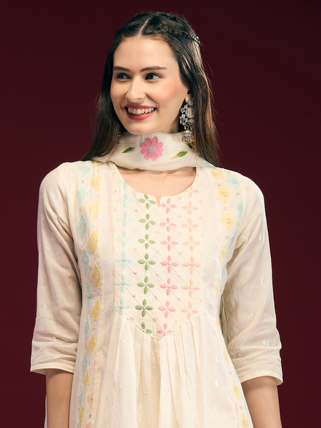 Solid Floral Embroidered Anarkali Kurta with Palazzo & Hand Painted Dupatta - Off White
