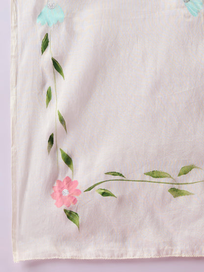 Solid Floral Embroidered Anarkali Kurta with Palazzo & Hand Painted Dupatta - Off White