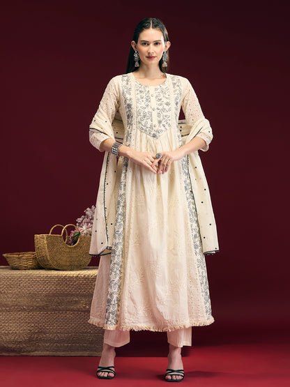 Solid Floral Embroidered Anarkali Kurta with Palazzo & Dupatta - Off White