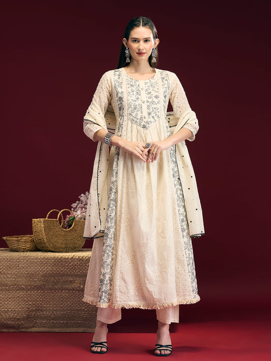 Solid Floral Embroidered Anarkali Kurta with Palazzo & Dupatta - Off White