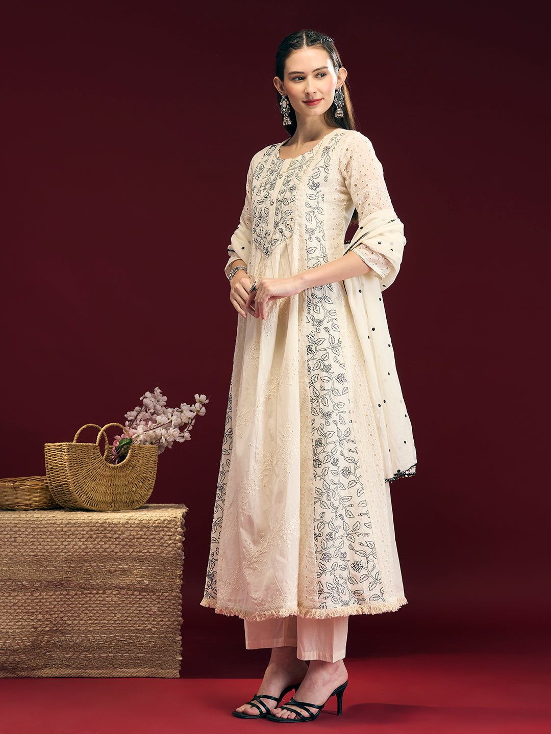 Solid Floral Embroidered Anarkali Kurta with Palazzo & Dupatta - Off White