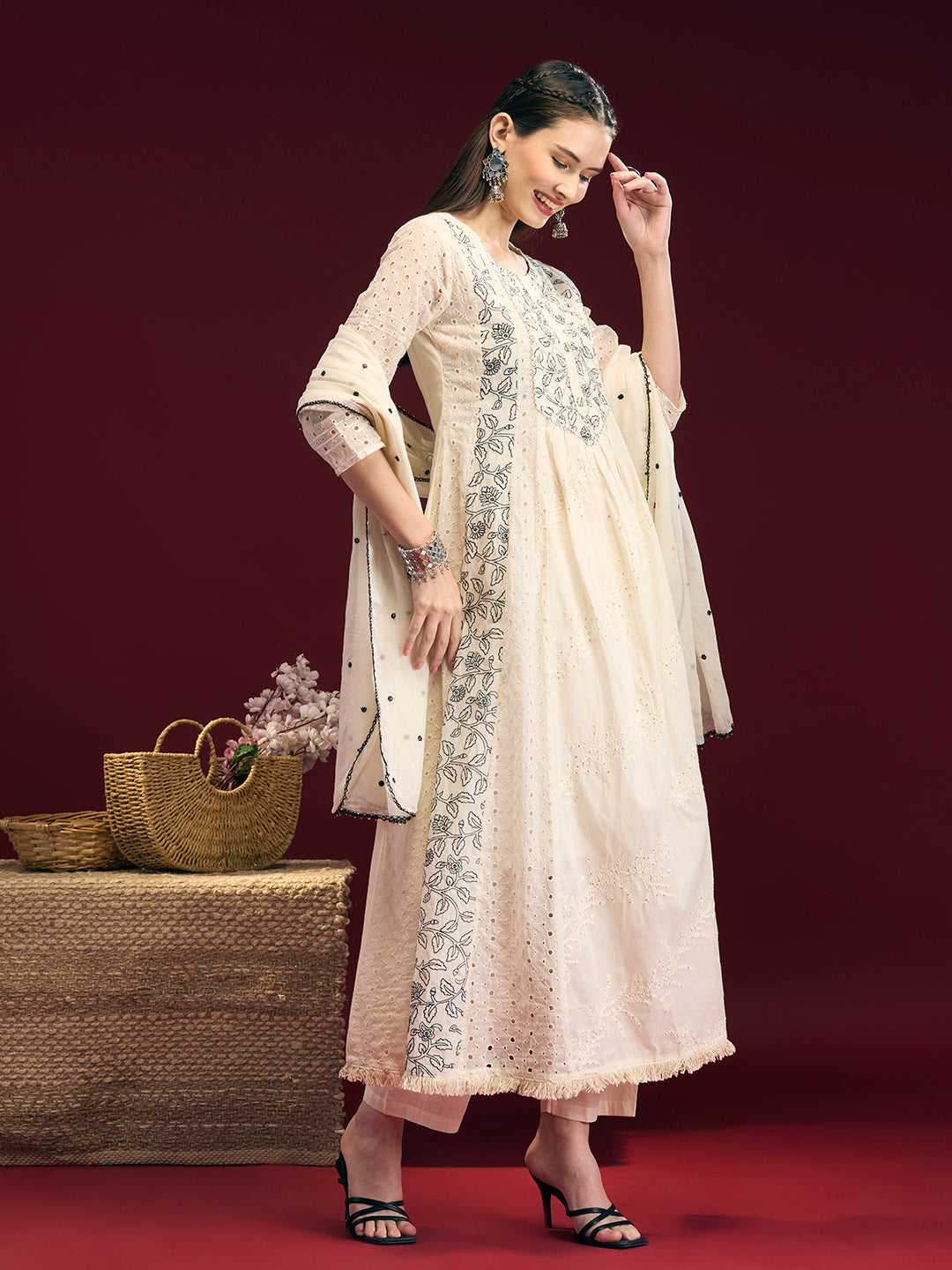 Solid Floral Embroidered Anarkali Kurta with Palazzo & Dupatta - Off White