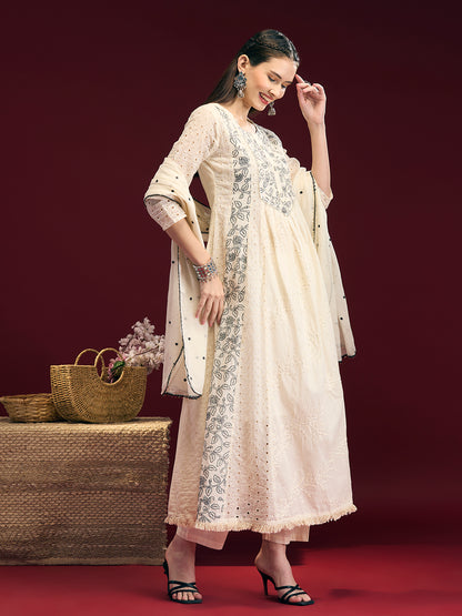 Solid Floral Embroidered Anarkali Kurta with Palazzo & Dupatta - Off White