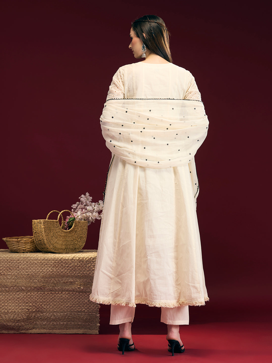 Solid Floral Embroidered Anarkali Kurta with Palazzo & Dupatta - Off White