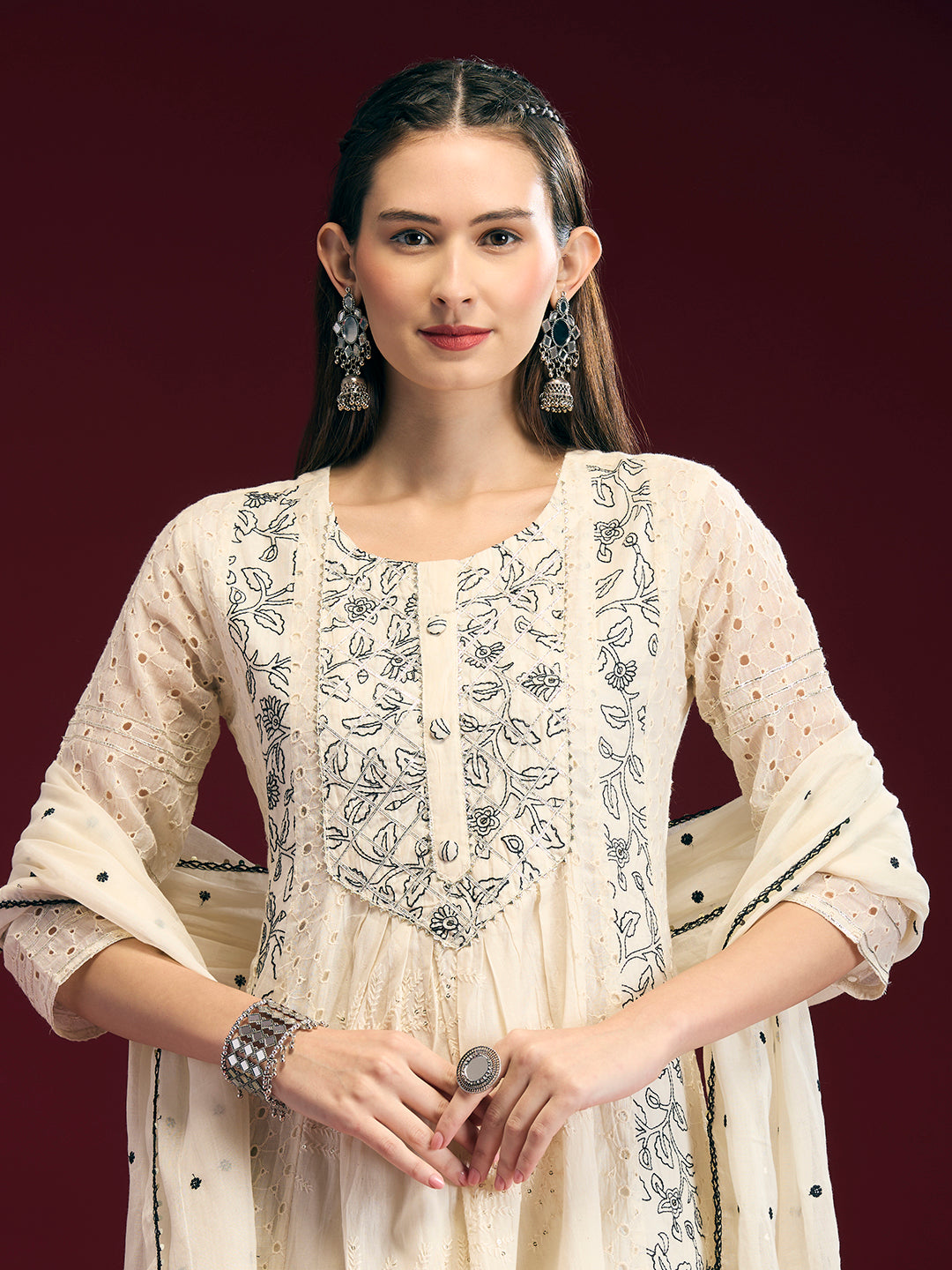 Solid Floral Embroidered Anarkali Kurta with Palazzo & Dupatta - Off White