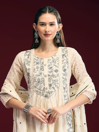 Solid Floral Embroidered Anarkali Kurta with Palazzo & Dupatta - Off White