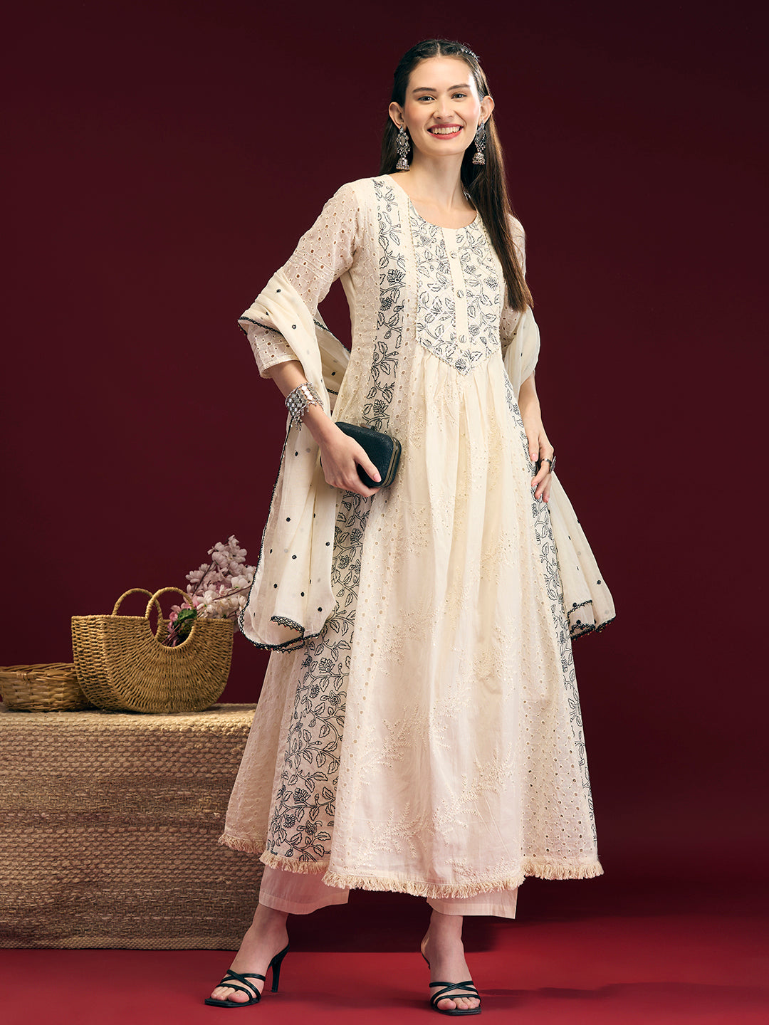 Solid Floral Embroidered Anarkali Kurta with Palazzo & Dupatta - Off White