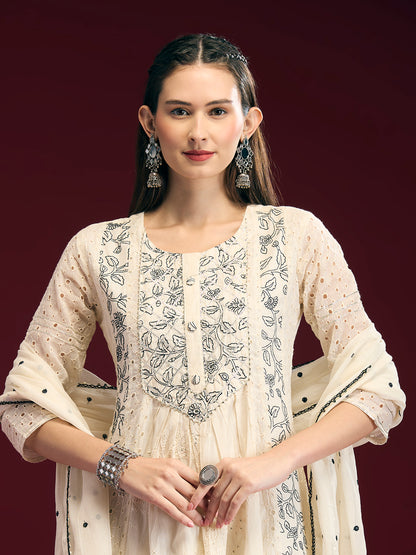 Solid Floral Embroidered Anarkali Kurta with Palazzo & Dupatta - Off White