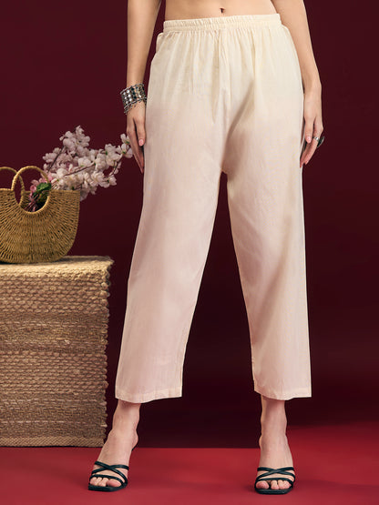 Solid Floral Embroidered Anarkali Kurta with Palazzo & Dupatta - Off White