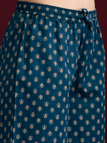 Floral Printed Anarkali Kurta with Pant & Dupatta - Navy Blue