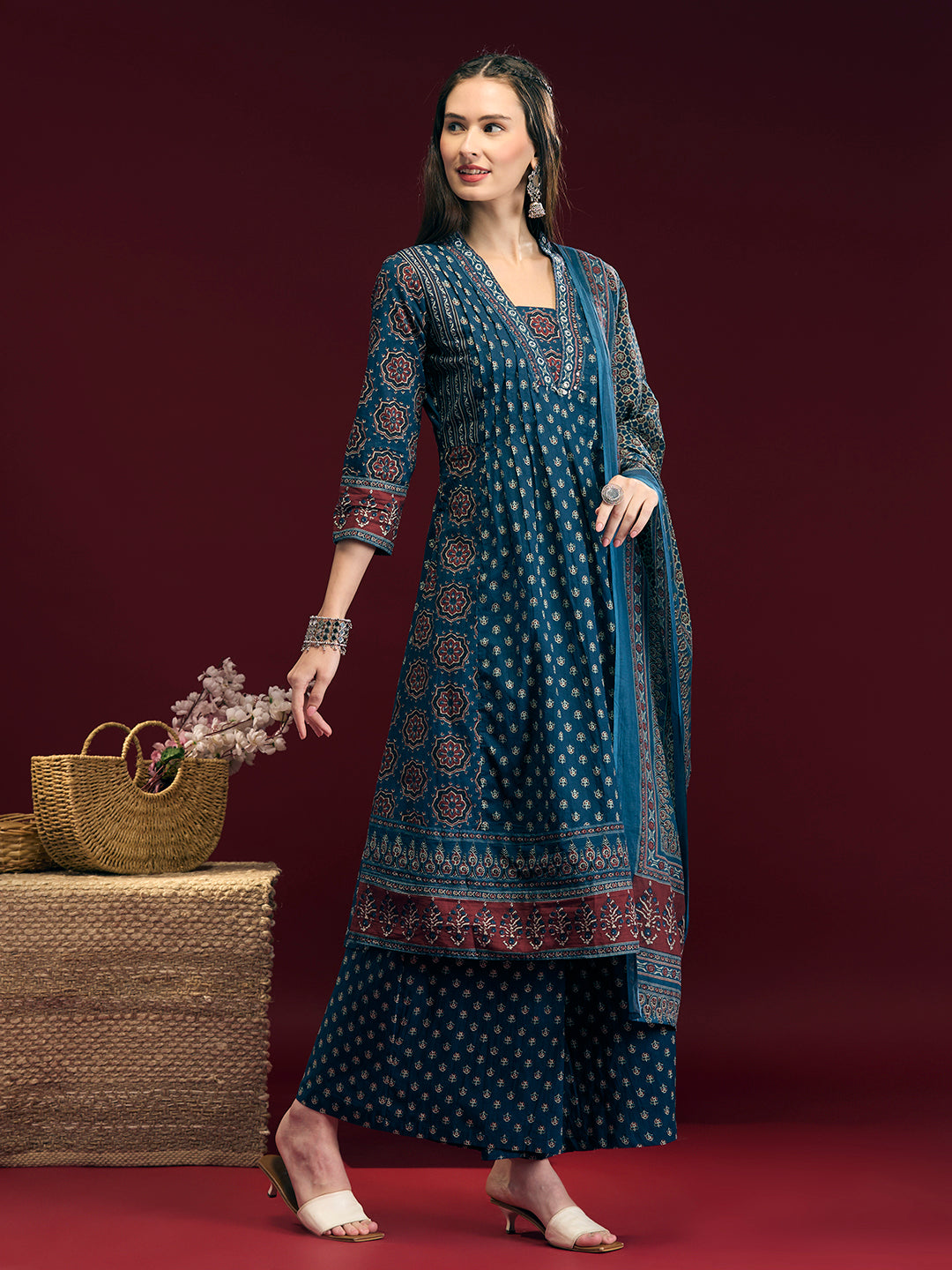 Floral Printed Anarkali Kurta with Pant & Dupatta - Navy Blue