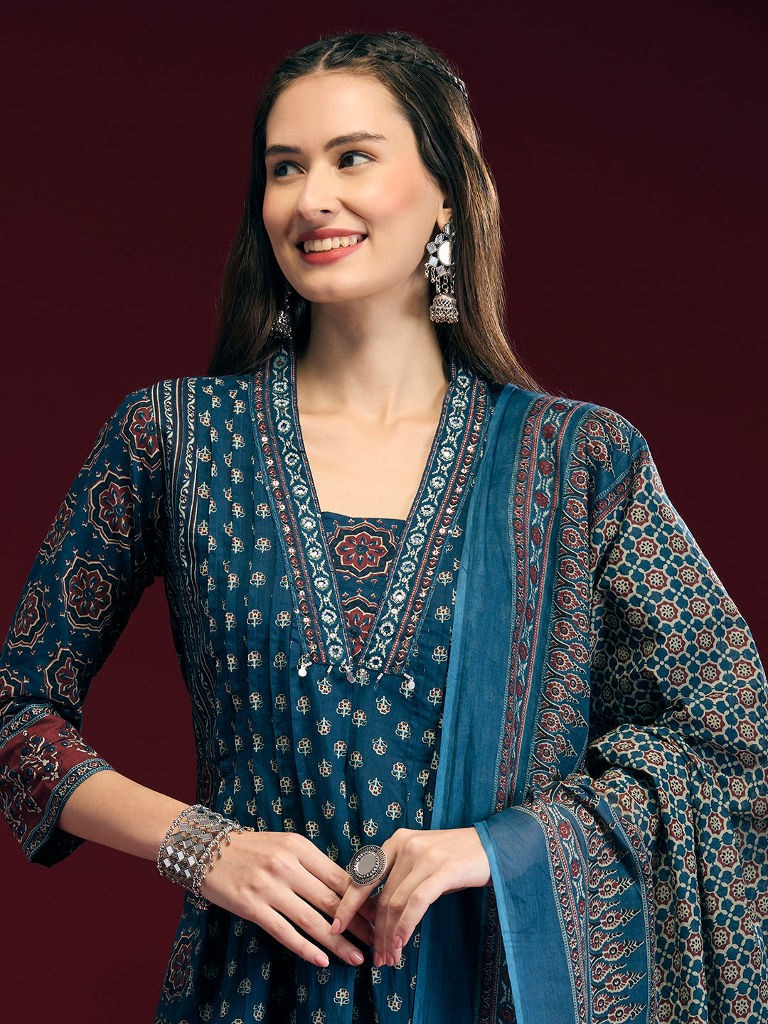 Floral Printed Anarkali Kurta with Pant & Dupatta - Navy Blue