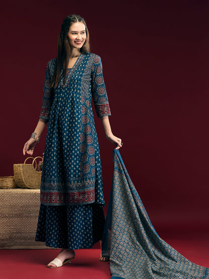 Floral Printed Anarkali Kurta with Pant & Dupatta - Navy Blue