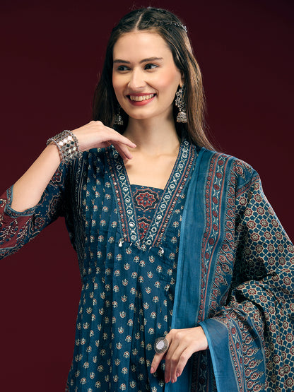 Floral Printed Anarkali Kurta with Pant & Dupatta - Navy Blue