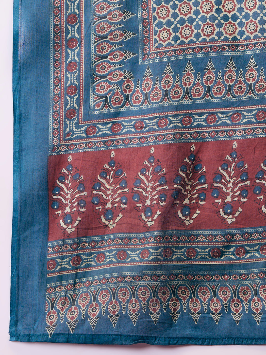 Floral Printed Anarkali Kurta with Pant & Dupatta - Navy Blue